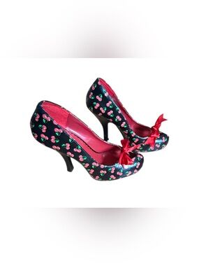 Pinup Couture Black Cherry Print Heels with Red Bow